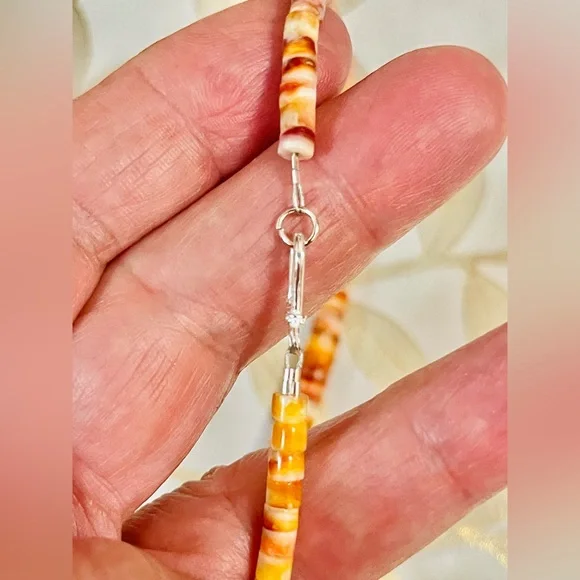 Southwestorange spiny oyster heishi beads Graduated necklace Sterling Clasp 16